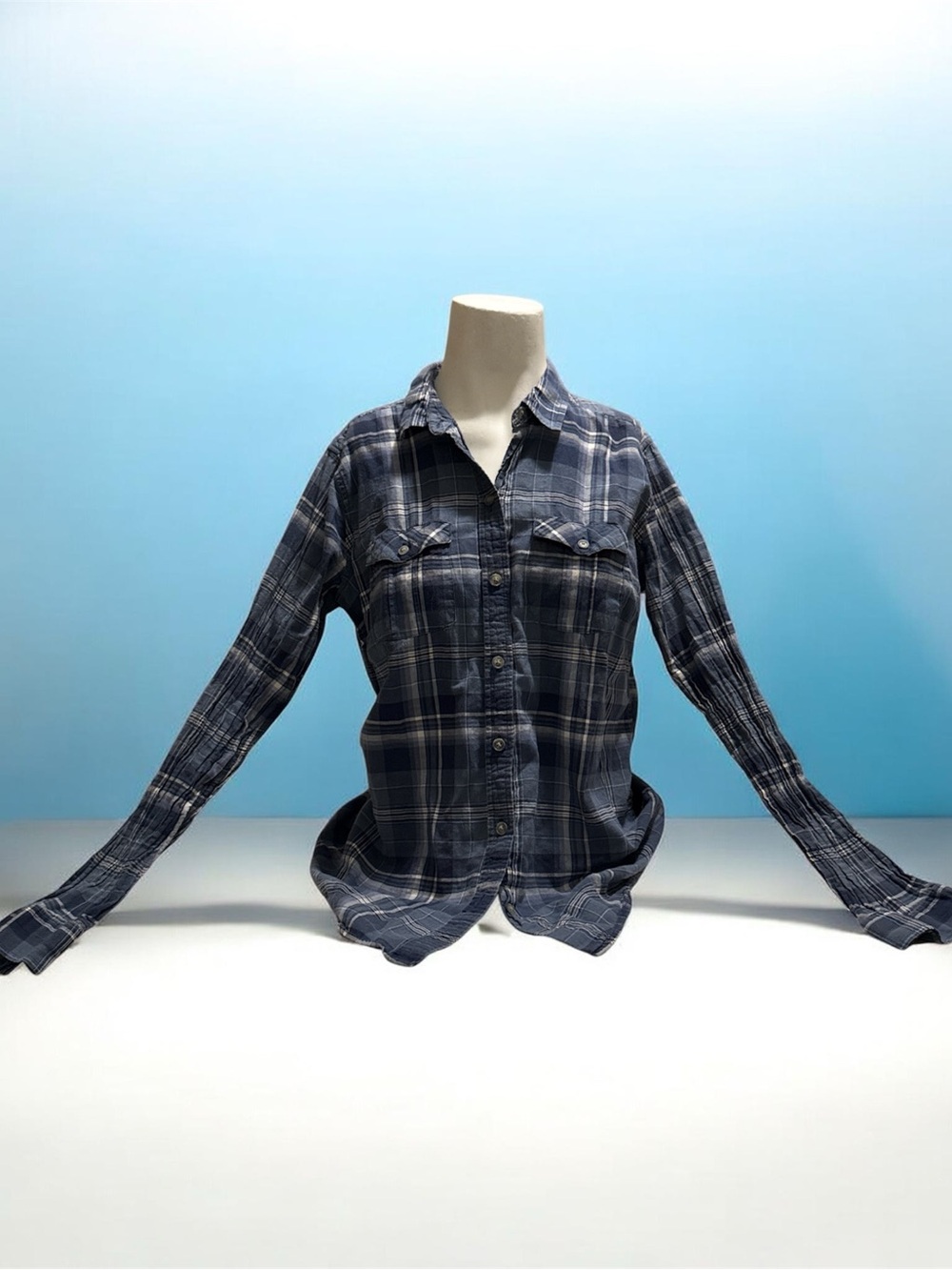 Eddie Bauer Blue and Gray Plaid Cotton Button-Down Shirt